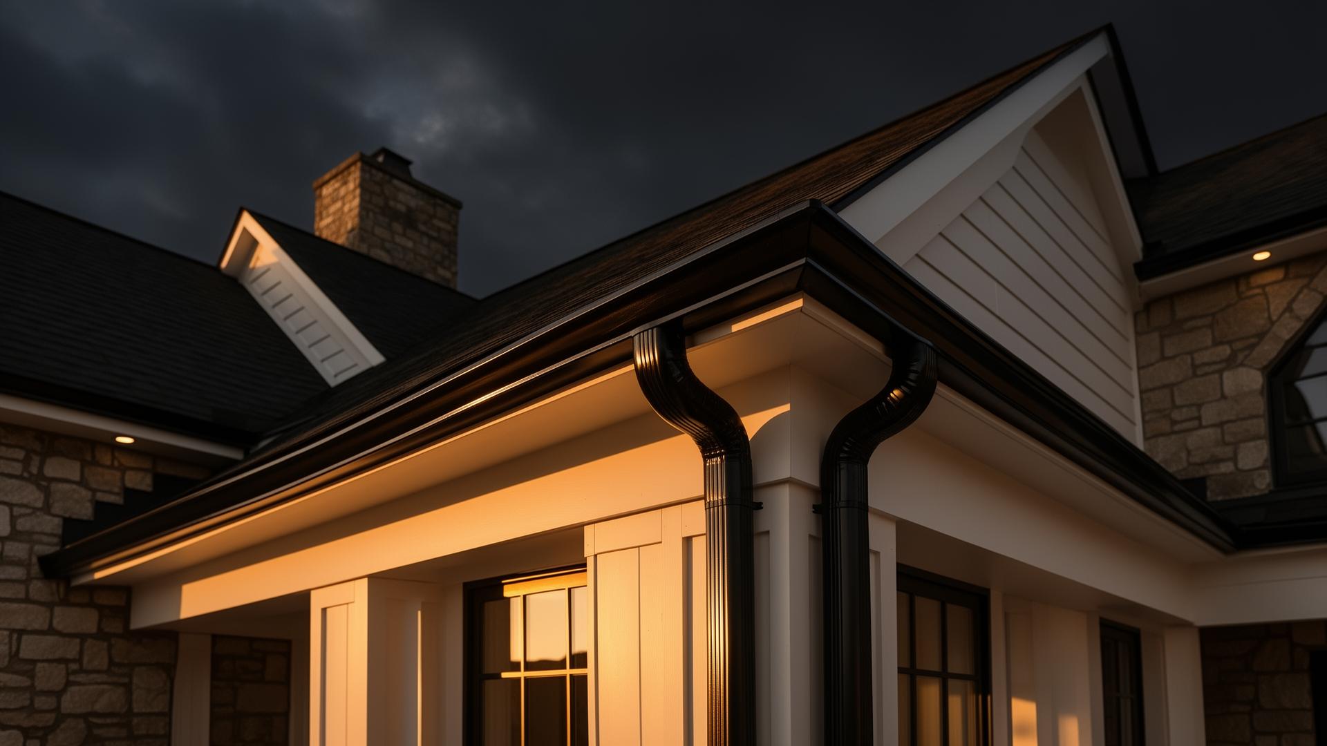 Premium black seamless gutters on a Nashville home at golden hour